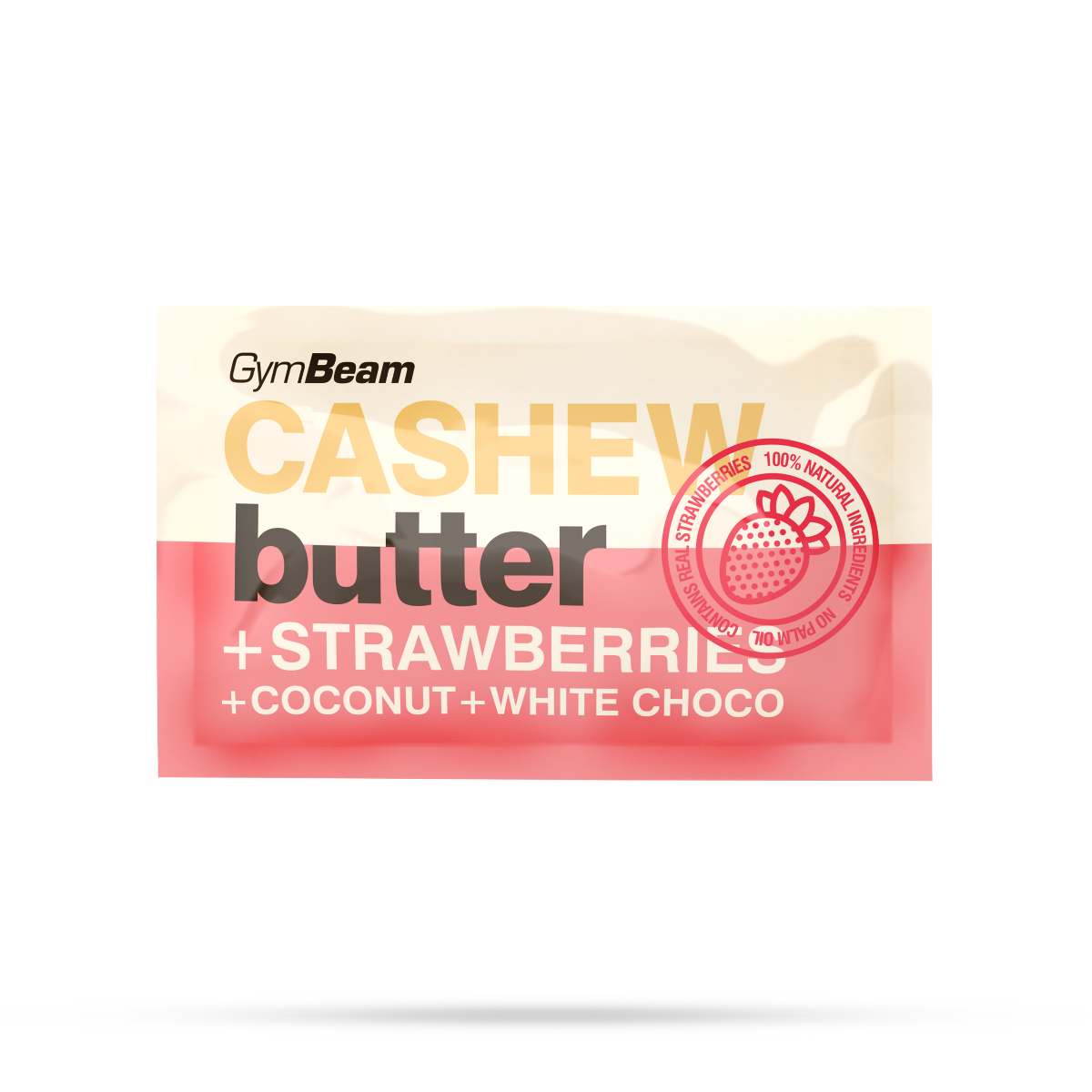 Beurre de cacahuète à la noix de coco, chocolat blanc et fraises – GymBeam (échantillon).