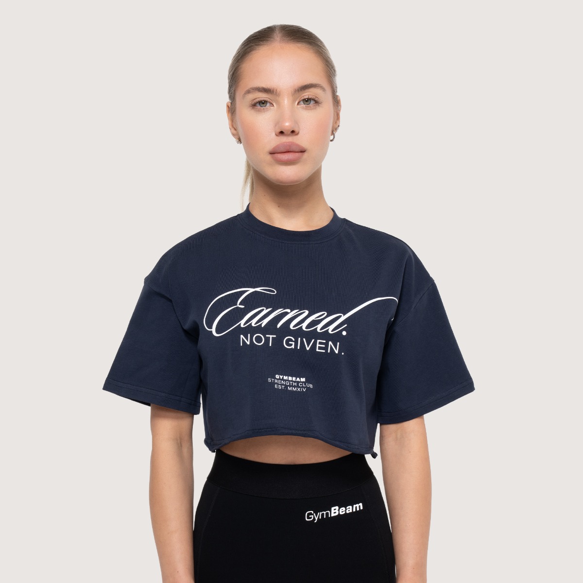 T-shirt court pour femmes, modèle Earned, couleur bleu nuit - GymBeam.