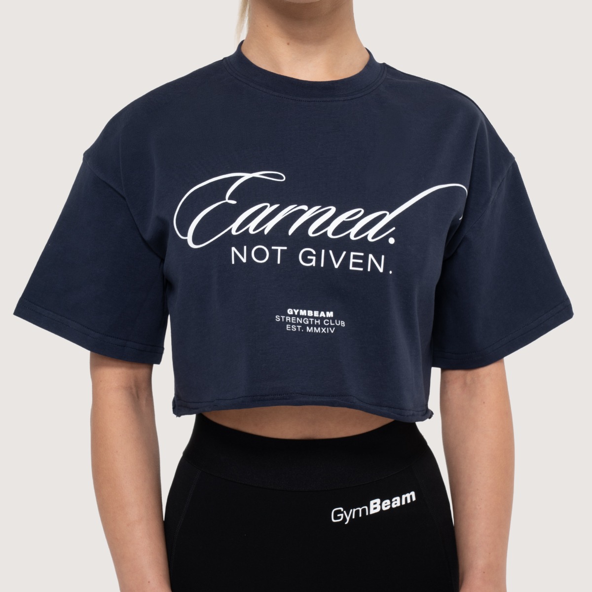 T-shirt court pour femmes, modèle Earned, couleur bleu nuit - GymBeam.