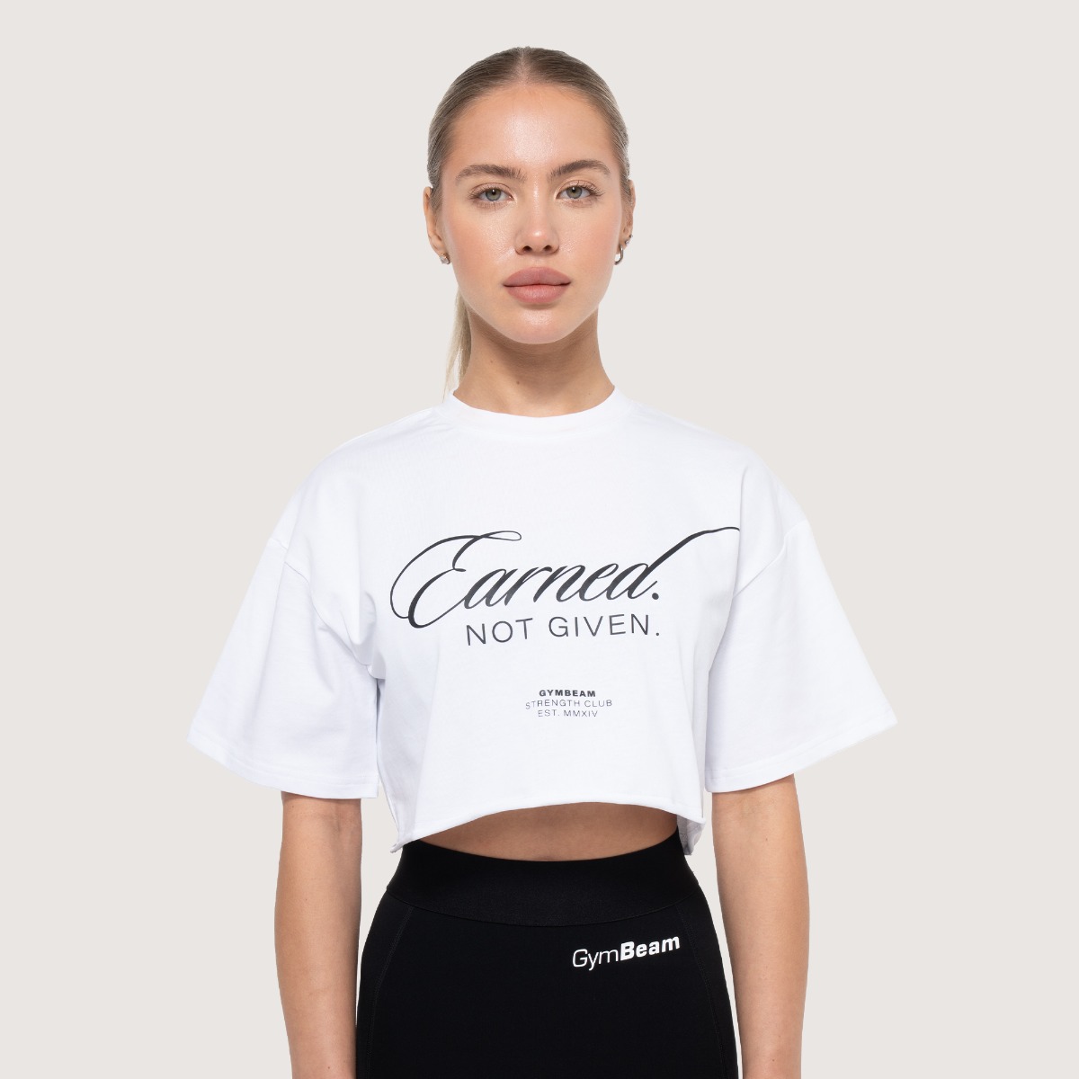 T-shirt court pour femmes, modèle Earned, couleur blanche - GymBeam.